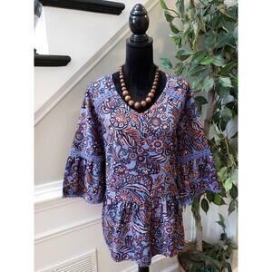 Women's Denim & Co. 1X Navy Red Floral Peasant Top 3/4 Sleeve V-neck